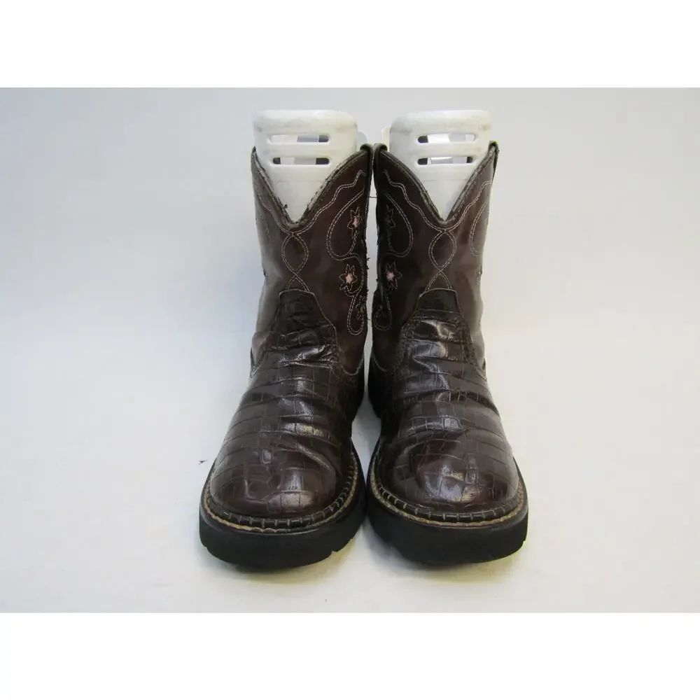 Roper Brand Youth Size 2 M Brown Leather Gator Print Cowboy Western Boots